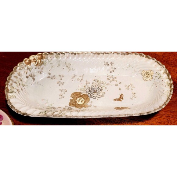 Antique Fine Bone China Serving Dish, w scalloped sides, real gold guilt flowers - Picture 5 of 12